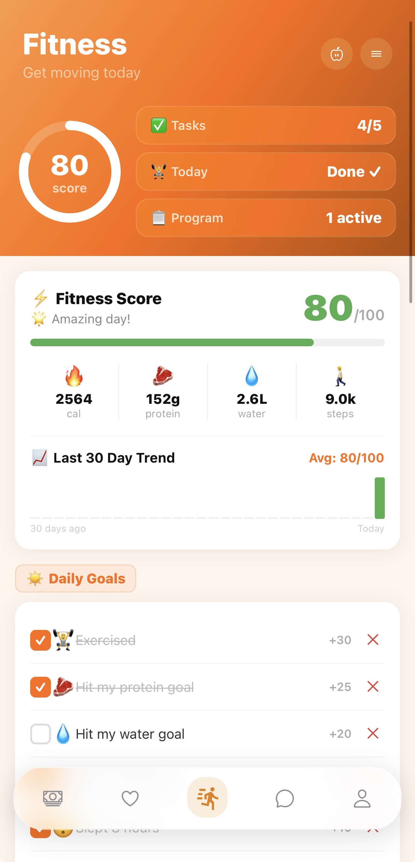 Heltrum Fitness screen — daily goals and activity score