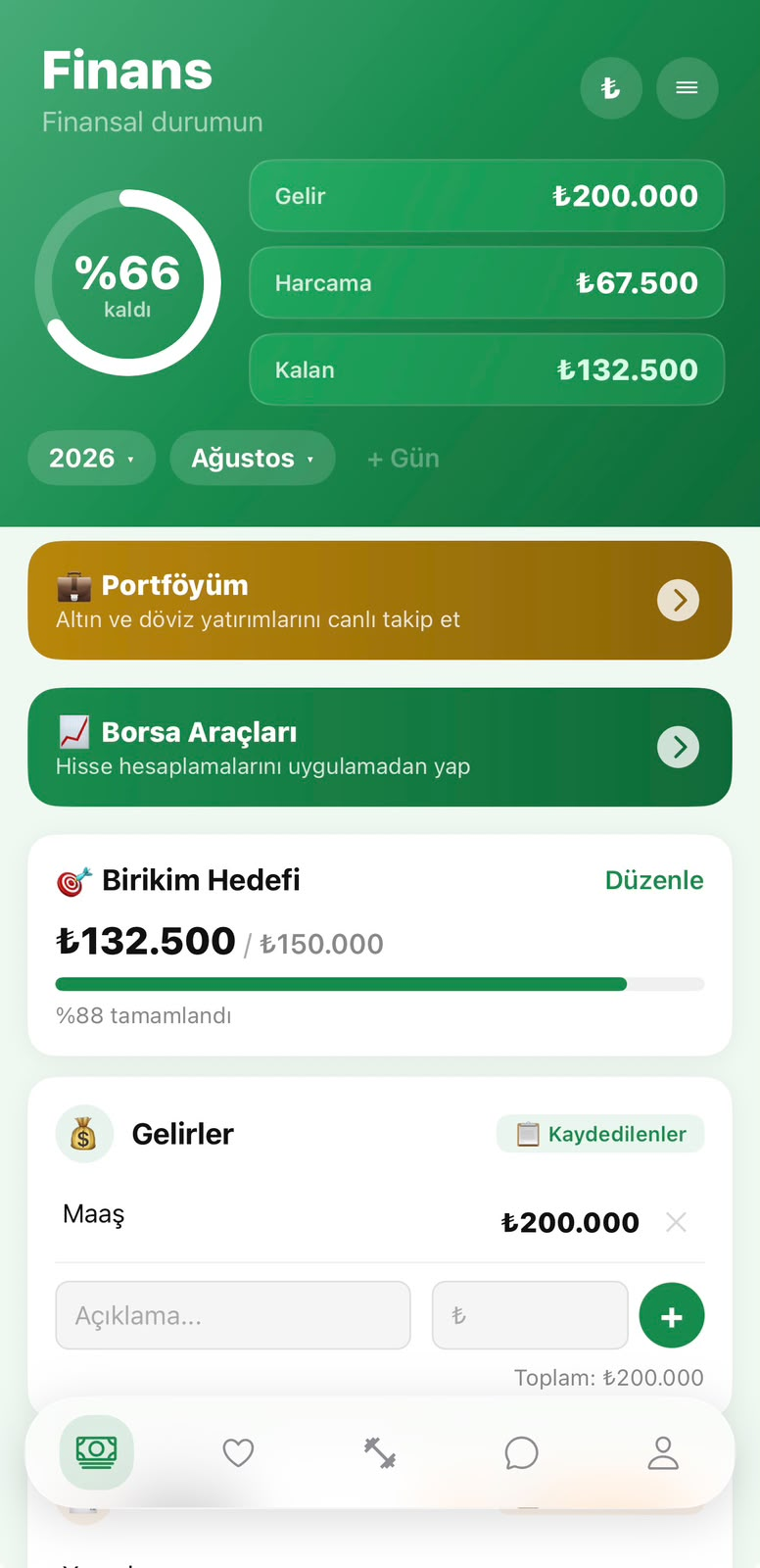 Heltrum Finans ekranı — gelir, harcama ve birikim takibi