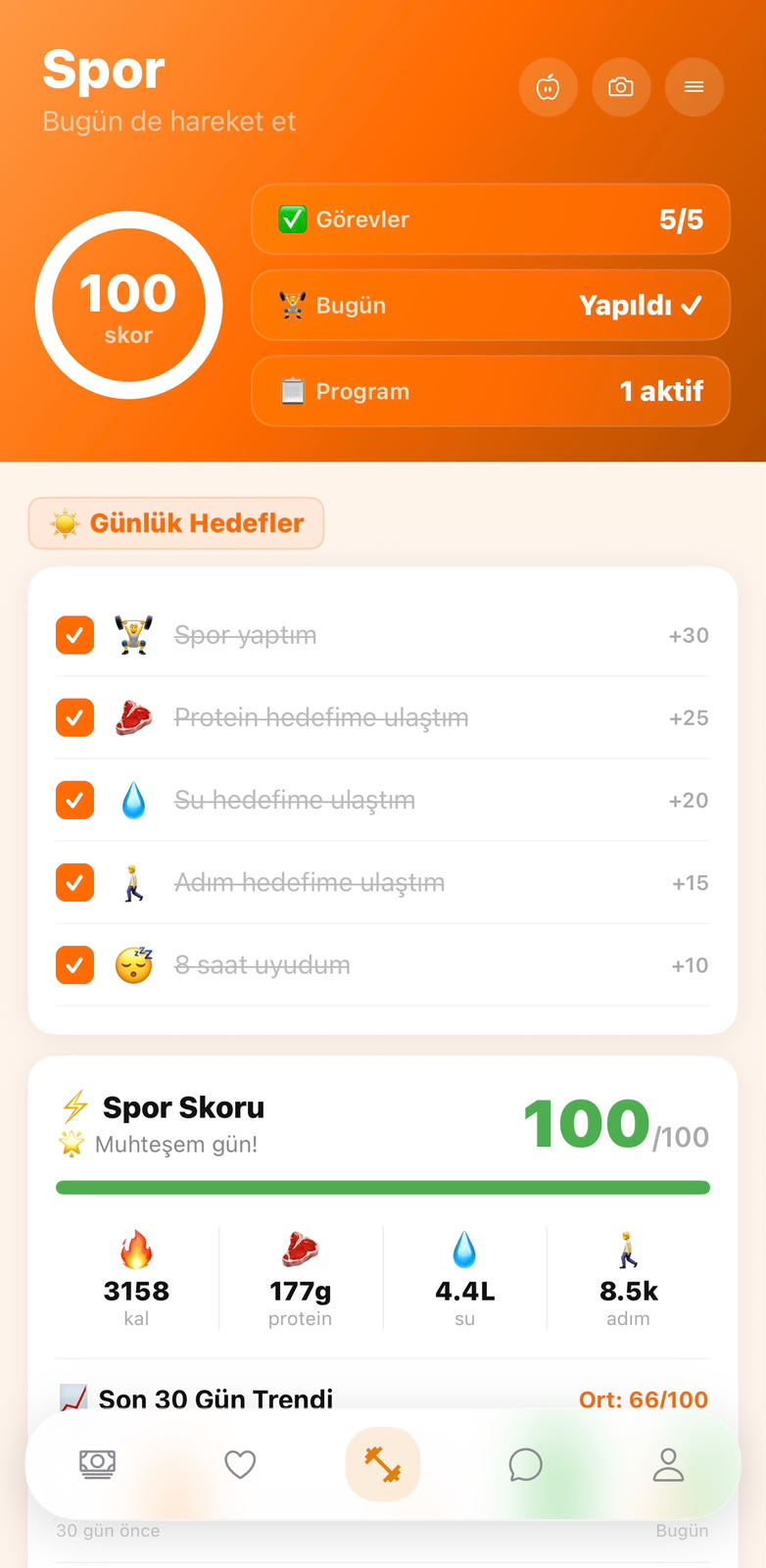 Heltrum Spor ekranı — günlük hedefler ve spor skoru