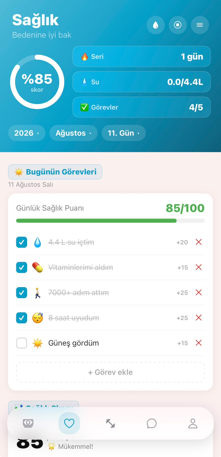 Heltrum Sağlık ekranı — su, uyku ve günlük sağlık puanı